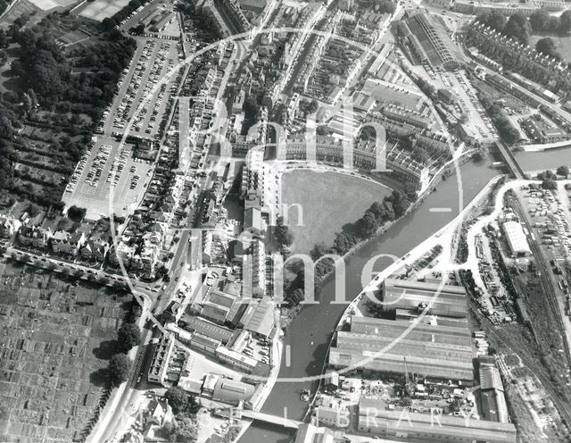 Aerial view of Norfolk Crescent, Victoria Bridge, the river and Western Riverside, Bath 1971