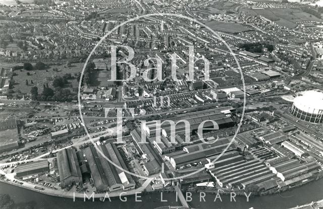 Aerial view of the Stothert & Pitt works looking towards Oldfield Park, Lower Bristol Road, Bath 1981