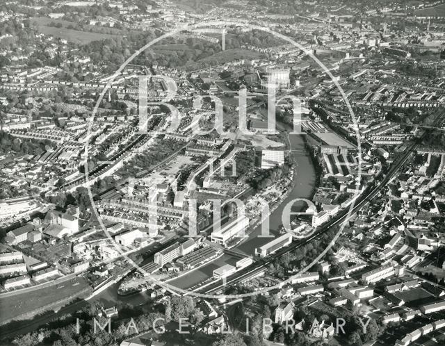 Aerial view of Bath looking up the River Avon from Twerton, Bath 1971