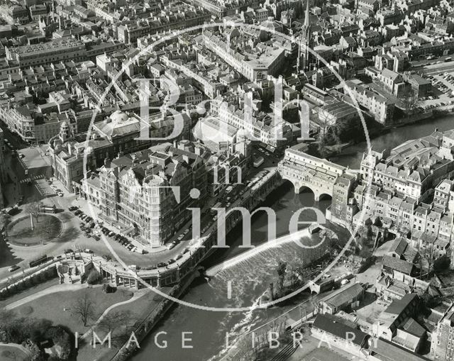 Aerial view of the old weir at Pulteney Bridge, Empire Hotel and Guildhall, Bath 1960