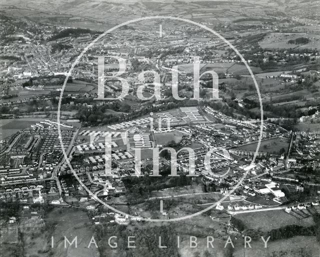 Aerial view of the Foxhill M.O.D. site, Combe Down and the distant city of Bath 1960s