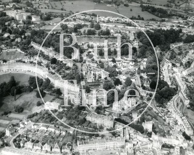 Aerial view of Lansdown Crescent, St. Stephen's Church and a distant Fairfield Park, Bath 1960s