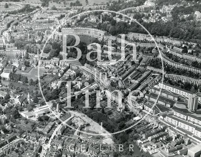 Aerial view of Bathwick, the fire station, Snow Hill and Camden Crescent, Bath 1964