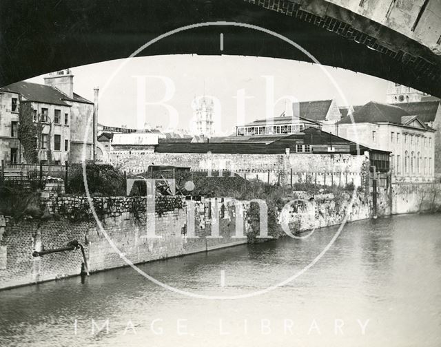 View of the River Avon looking under St. James Bridge, Bath towards the rear of Manvers Street, Bath c.1950?