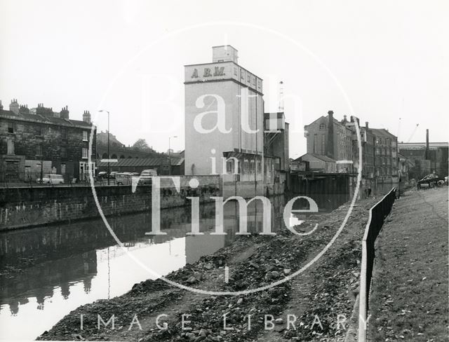 Riverside view of the Avon, looking towards the Newark Works, Bath 1972