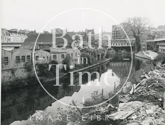 View from the Beaufort (now Hilton) hotel site looking towards the rear of Pulteney Bridge, Bath 1972