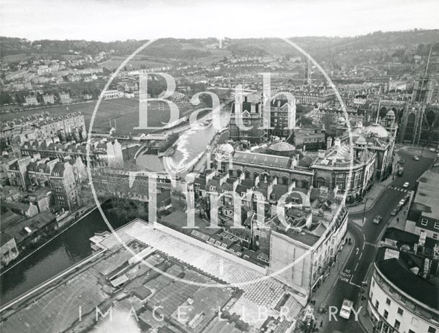 View from St. Michael's Church looking over the weir and the Guildhall, Bath 1972