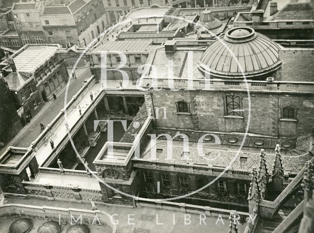 View from the tower of Bath Abbey of the Roman Baths 1942