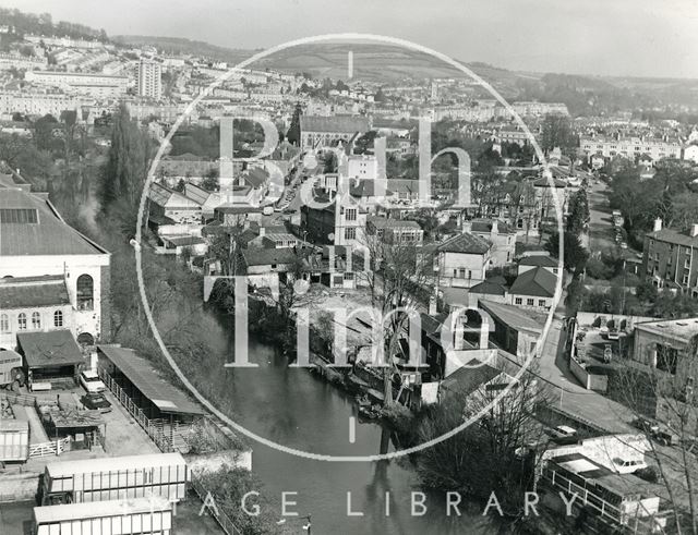 General view of the Cattle Market, Tramshed and River Avon, Bath 1960s