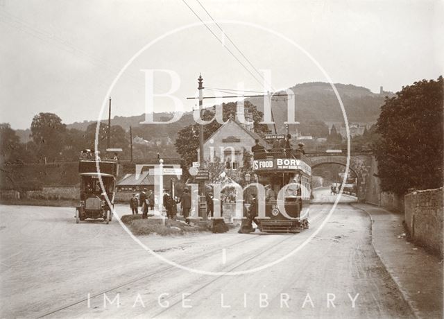 A Bath Tram at the junction with the London Road at Bathford c.1910