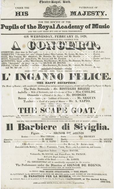 Theatre Royal, Bath Playbill for a concert of L'Inganno Felice 1829