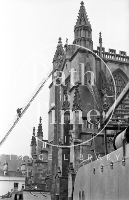 Firemen's ladder reaching to the top of the Abbey Tower, Bath 1972