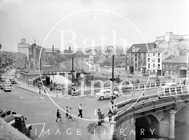 The Old Bridge, Bath, viewed from the railway viaduct c.1963