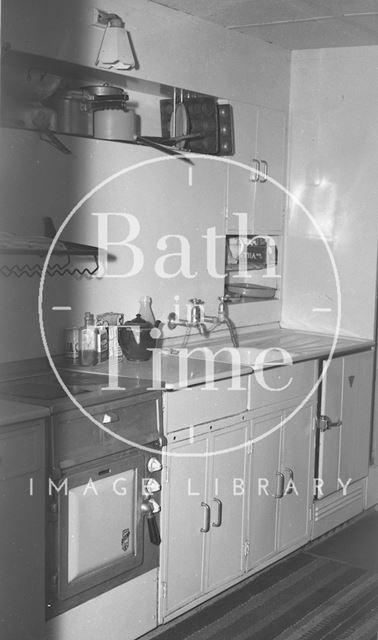 Interior of a kitchen, thought to be inside Winscombe Road, Odd Down, Bath 1955