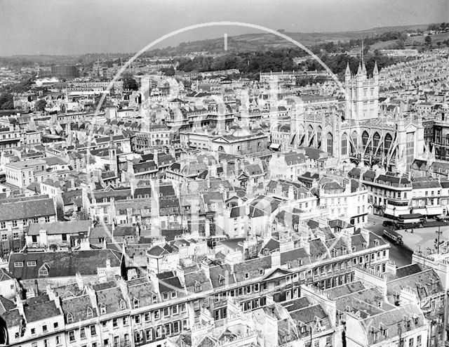 View across the rooftops from possibly the spire of St. John's Church, South Parade, Bath c.1955