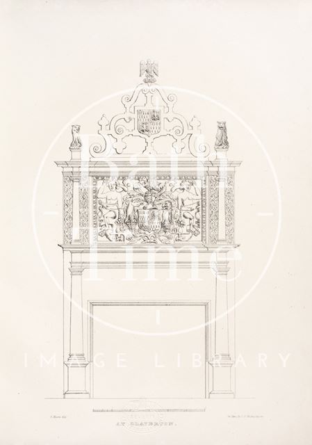 Internal fireplace with insignia at the old Claverton Manor near Bath 1837