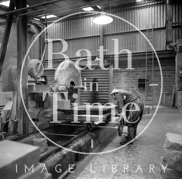 A huge stone cutting machine at Monks Park Quarry near Corsham, Wiltshire 1973