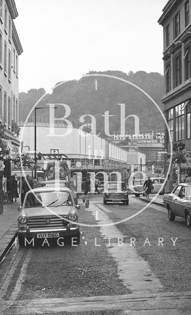 View down Stall Street towards the new Southgate Shopping Centre, Bath 1973