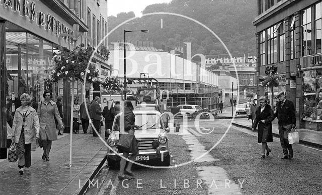 View down Stall Street towards the new Southgate Shopping Centre, Bath 1973