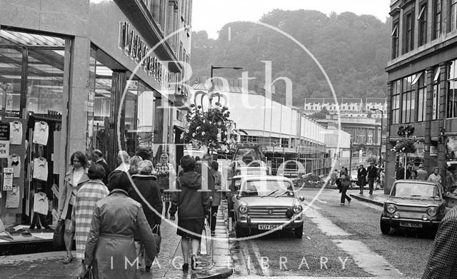 View down Stall Street towards the new Southgate Shopping Centre, Bath 1973