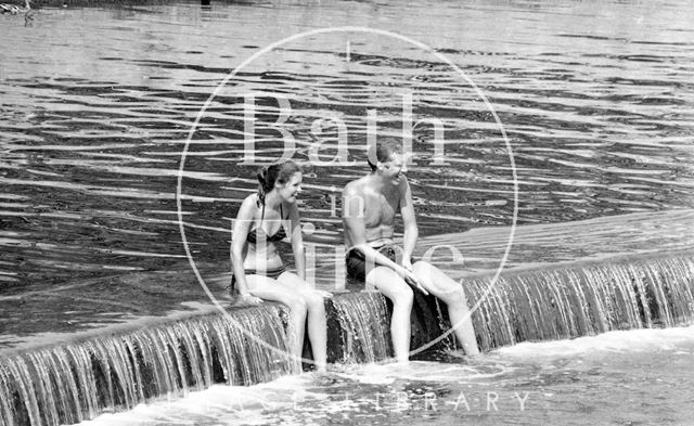 Swimmers at the weir at Pulteney Bridge, Bath 1976