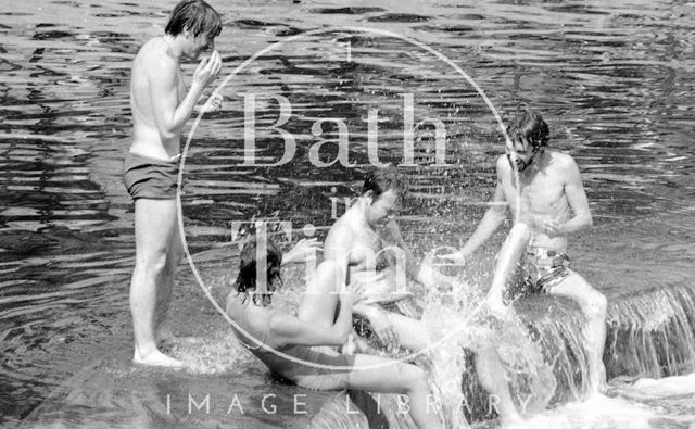 Swimmers at the weir at Pulteney Bridge, Bath 1976