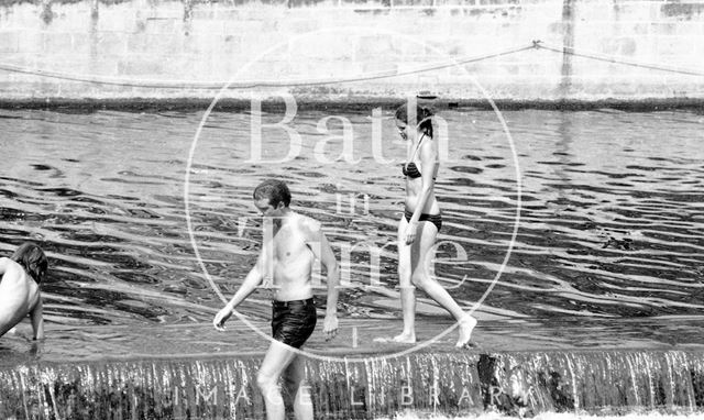 Swimmers at the weir at Pulteney Bridge, Bath 1976