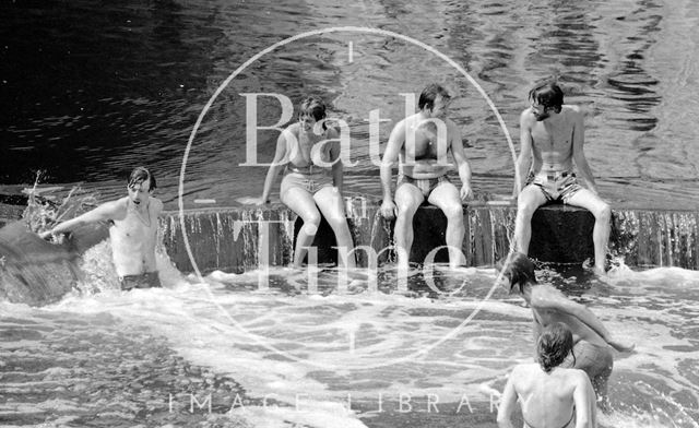 Swimmers at the weir at Pulteney Bridge, Bath 1976