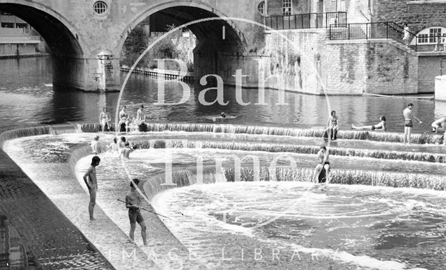 Swimmers at the weir at Pulteney Bridge, Bath 1976