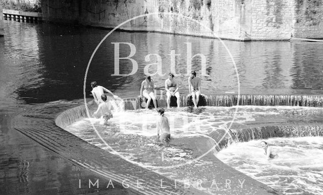 Swimmers at the weir at Pulteney Bridge, Bath 1976