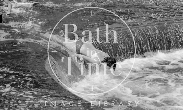 Swimmers at the weir at Pulteney Bridge, Bath 1976