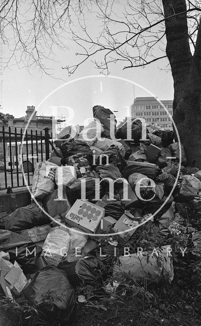 Rubbish piling up at Green Park, Bath 1979