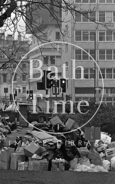 Rubbish piling up at Green Park, Bath 1979