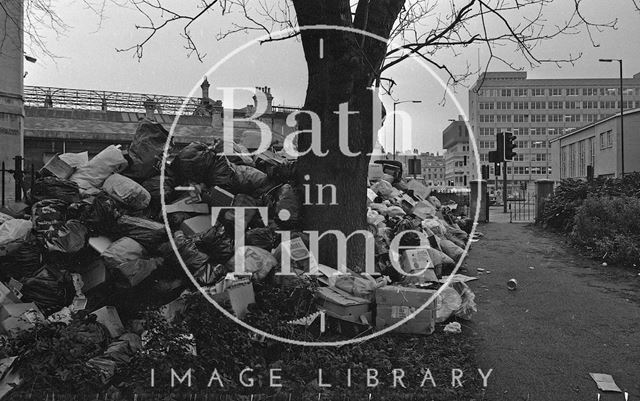 Rubbish piling up at Green Park, Bath 1979