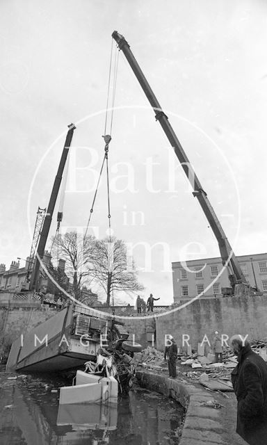 Removing the crashed lorry from the Kennet and Avon Canal, Bath 1984