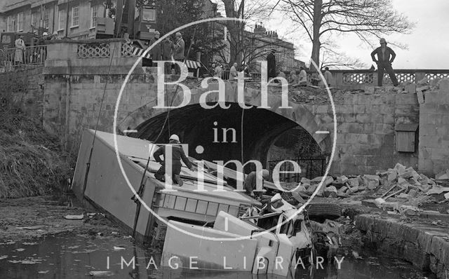 Removing the crashed lorry from the Kennet and Avon Canal, Bath 1984