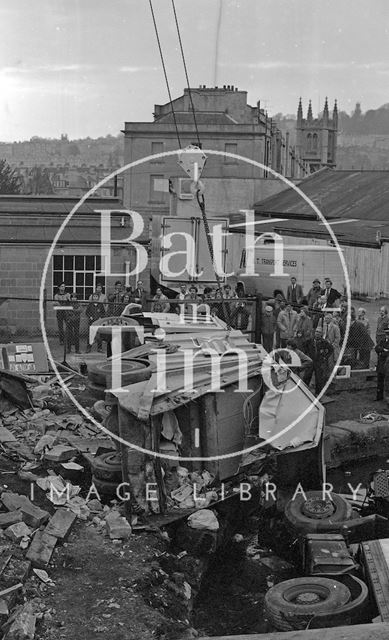 Removing the crashed lorry from the Kennet and Avon Canal, Bath 1984