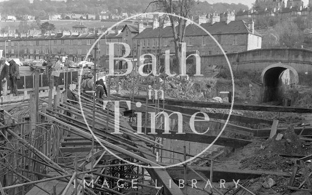 The demolition of Waterloo Buildings and creation of Claverton Street road system in Widcombe, Bath 1974