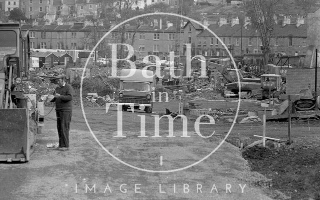 The demolition of Waterloo Buildings and creation of Claverton Street road system in Widcombe, Bath 1974