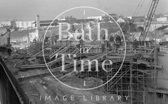 The demolition of Waterloo Buildings and creation of Claverton Street road system in Widcombe, Bath 1974