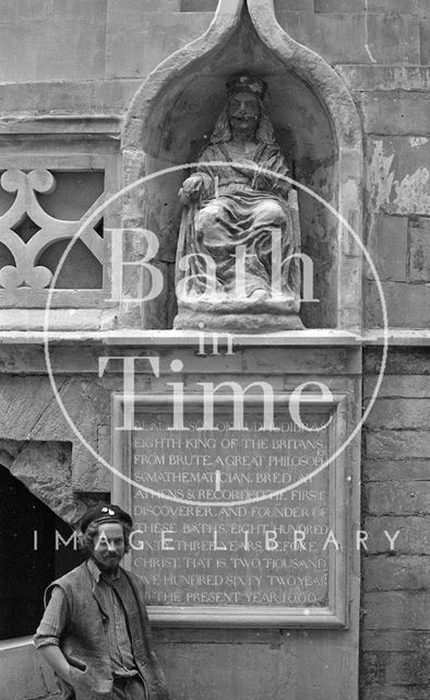 Laurence Tindall and the statue of King Bladud at the King's Bath, Bath 1982