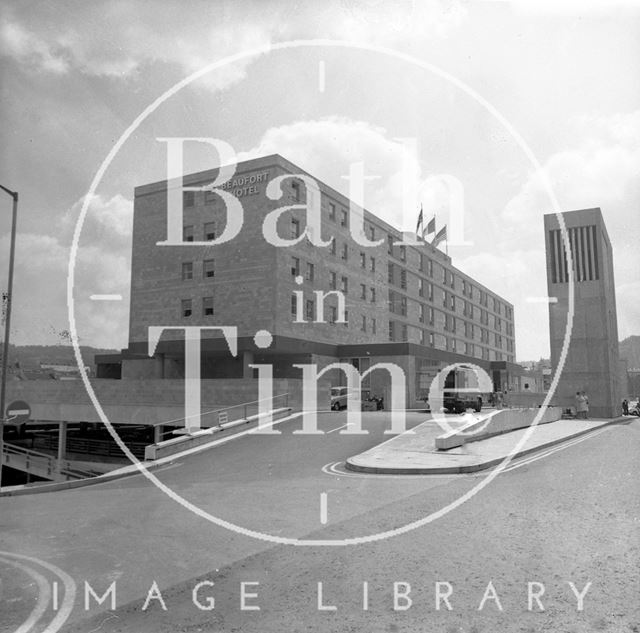 The Beaufort Hotel lift elevation and ventilation tower, Bath 1973