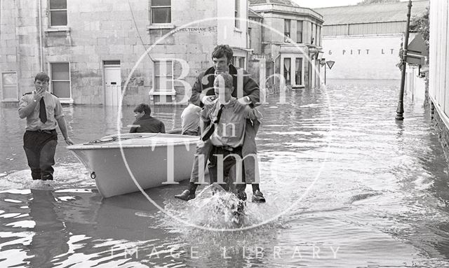 Rescuing a flood victim in Westmoreland Road, Bath c.1968