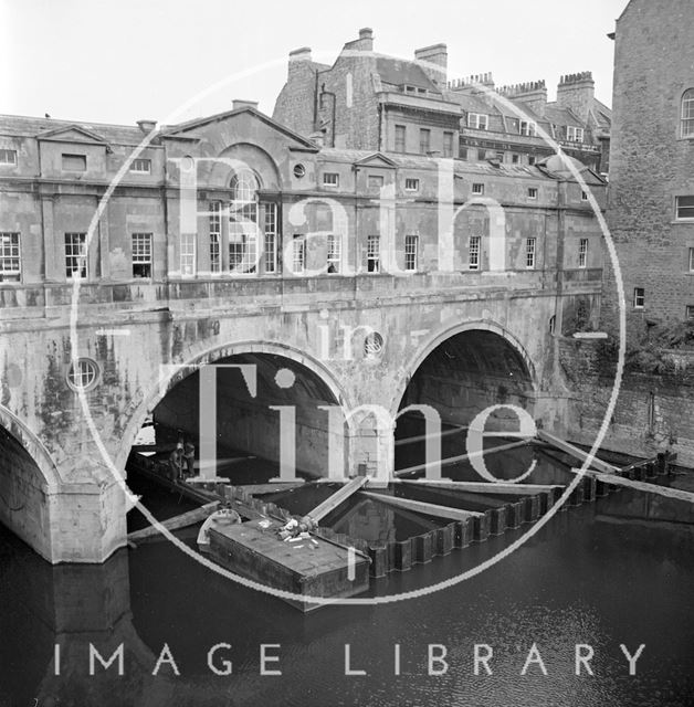 Pulteney Bridge undergoing repairs, Bath c.1965?