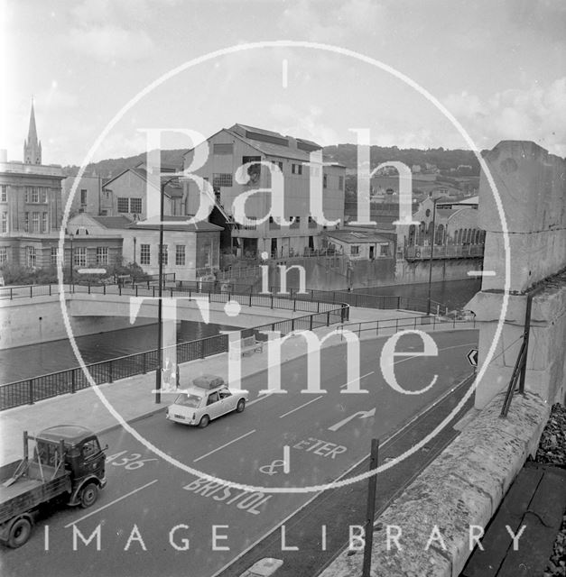 View of the newly constructed Churchill footbridge, Electricity House and the power station, Bath c.1968