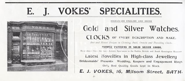 Trade advertisement for E.J. Vokes, watchmakers and jewellers, 16, Milsom Street, Bath c.1910