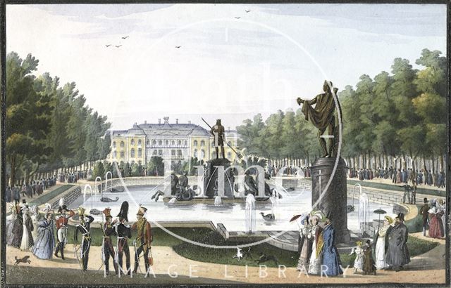 Neptune Fountain in the Upper gardens of the Peterhof Palace grounds, St. Petersburg, Russia 1834
