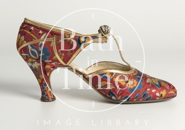 Red and blue floral silk and gold leather evening shoe, 1930s