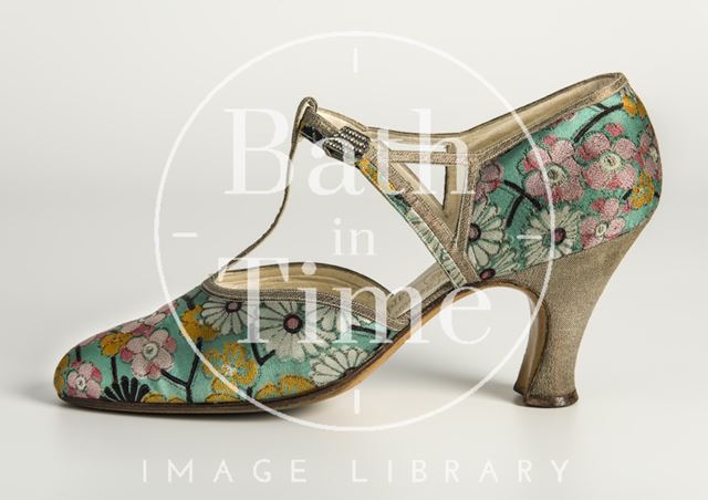 Turquoise and pink floral silk evening shoe, 1930s