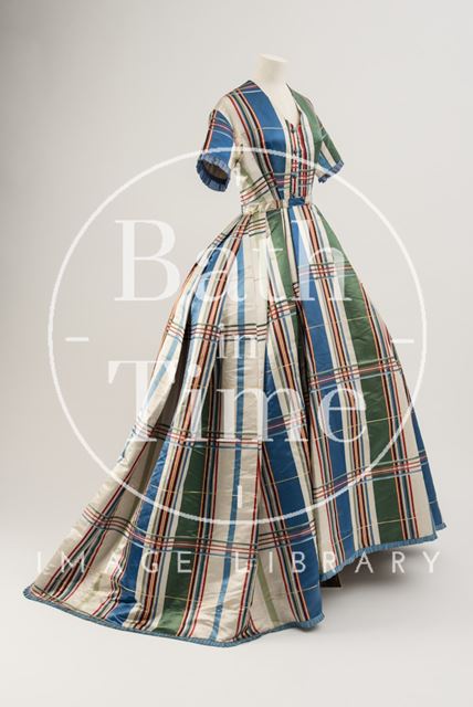 Silk satin day dress woven with a tartan check design, 1860s